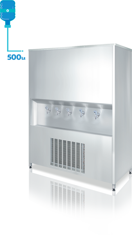 500 litre CR-Ni kaynaklı iç kazanı ve dayanıklı dış yüzeye sahip sanayi tipi su sebili. Standart olarak CR-Ni yalaklı, poliüretan izolasyonlu P.S. kapaklı ve enjeksiyon baskılı poliüretan yalıtımla üretilmiştir, böylece ısı kaybı minimum seviyededir. Şebekeye bağlanabilen veya dökme su ile kullanılabilen şamandıralı sistemle donatılmıştır. Manuel termostat ile su sıcaklığı kolayca kontrol edilebilir. Ayarlanabilir rotil ayak sistemi sayesinde montaj kolaydır. Uzun ömürlü çevirmeli musluk sistemi bulunur. Türkiye genelinde yaygın servis ağına sahip olup, 2 yıl garantilidir. ISO 9001 ve CE belgelerine sahiptir.(sanayi tipi su sebili, Krom iç hazneli sebil, 500lt sebil)